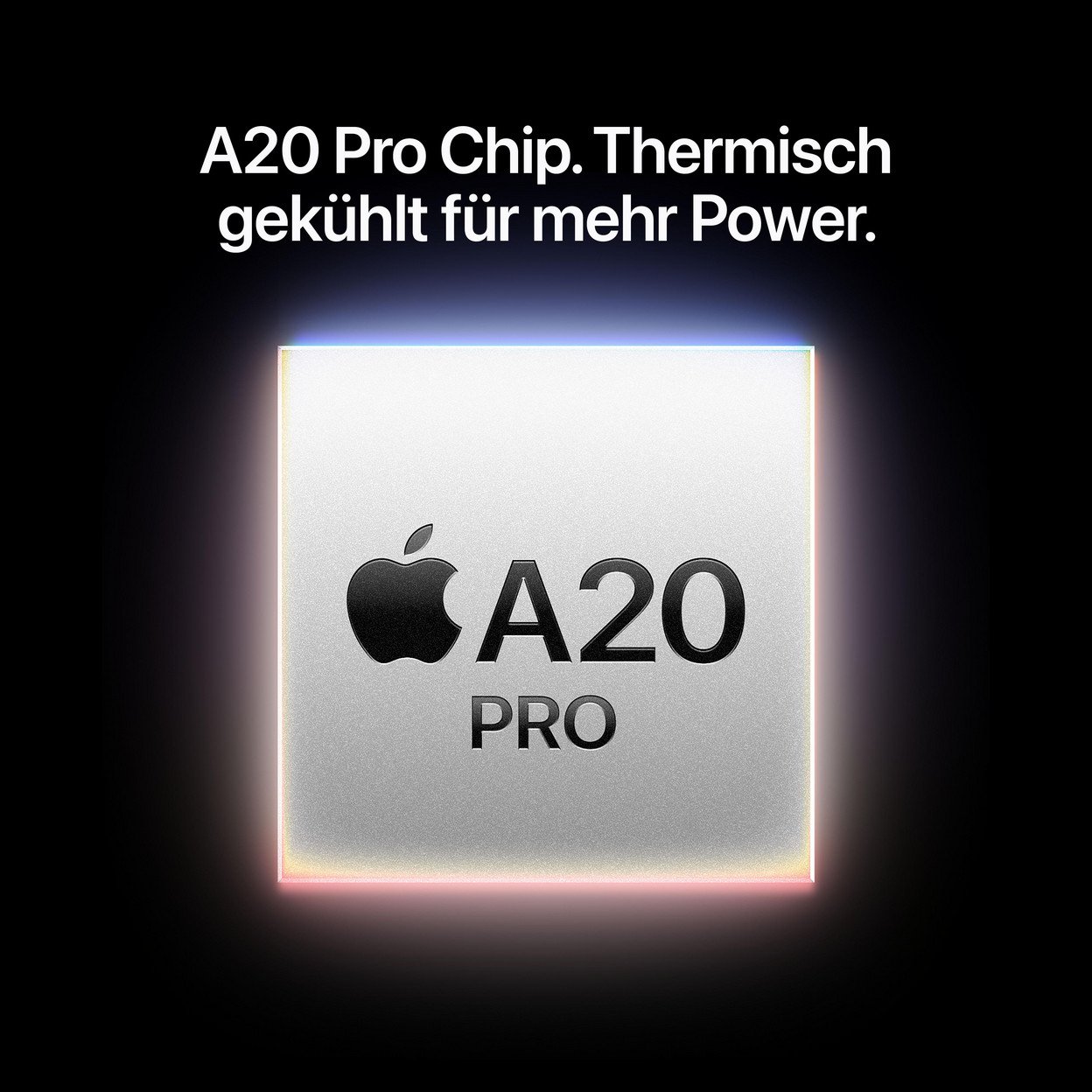 A20 Pro Chip mit Apple-Logo auf schwarzem Hintergrund und Text.