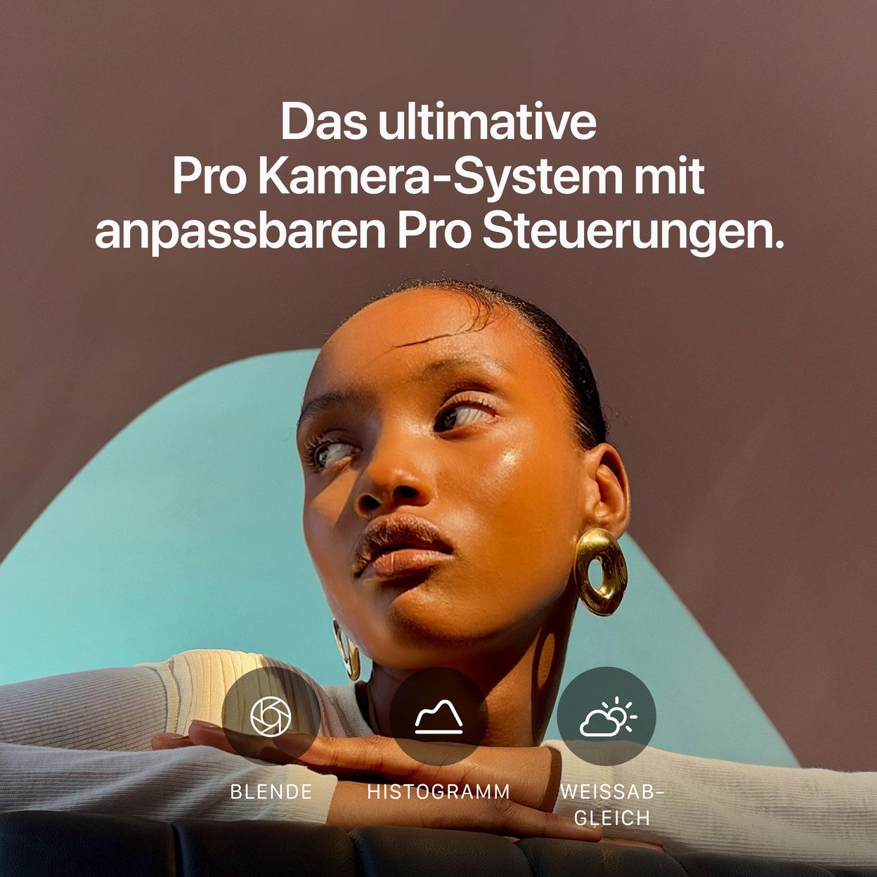 Frau blickt nachdenklich gegen türkisfarbenen Hintergrund; Text über Pro Kamera-System.