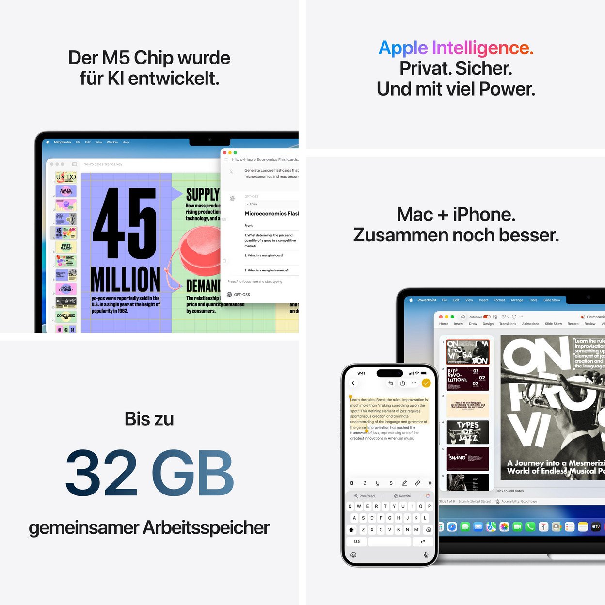Apple-Produkte mit Text über KI, Speicher und Jazz-Themen.
