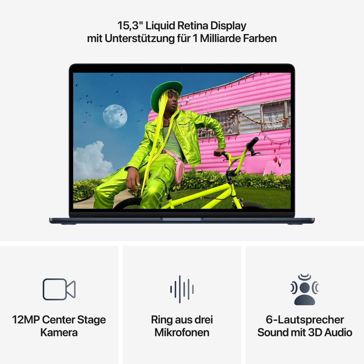 Ein Laptop zeigt eine Person in neongrüner Kleidung neben einem pinken Wohnwagen.