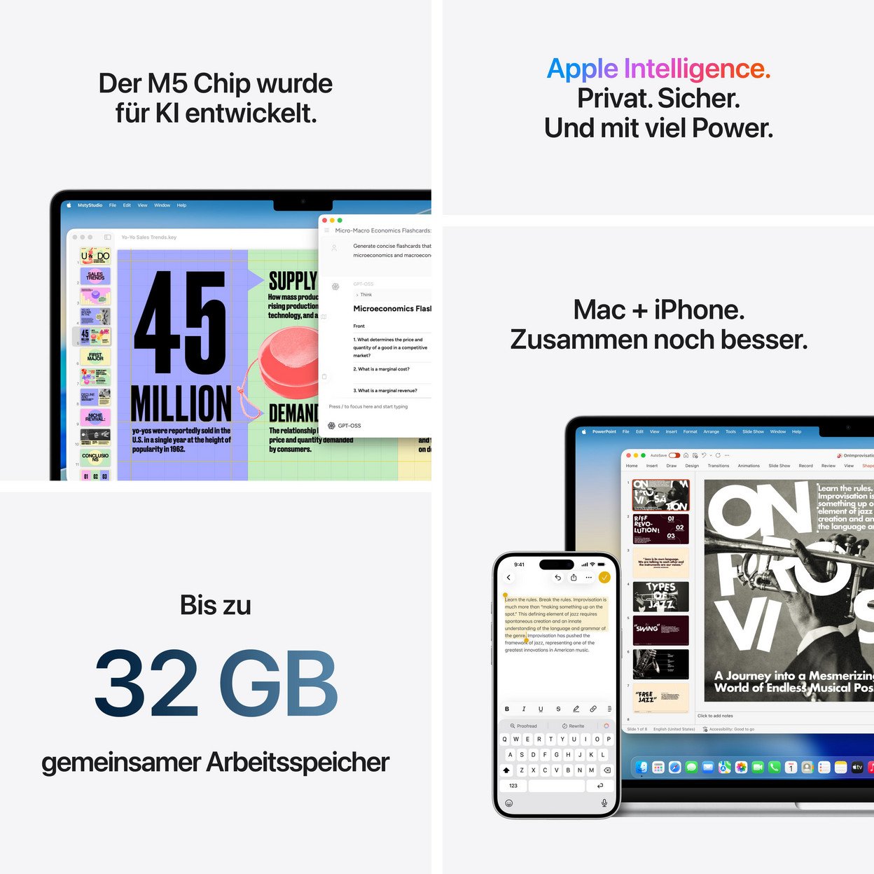 Apple M5 Chip für KI, Mac + iPhone, 32 GB RAM. Präsentationen und Notizen.