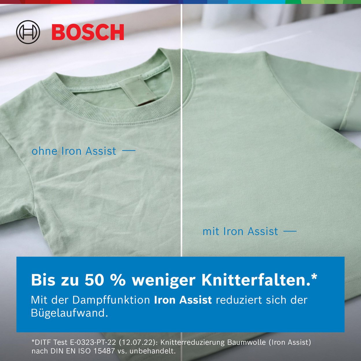 Vergleich von zwei grünen T-Shirts: eins zerknittert, eins glatt durch Iron Assist.