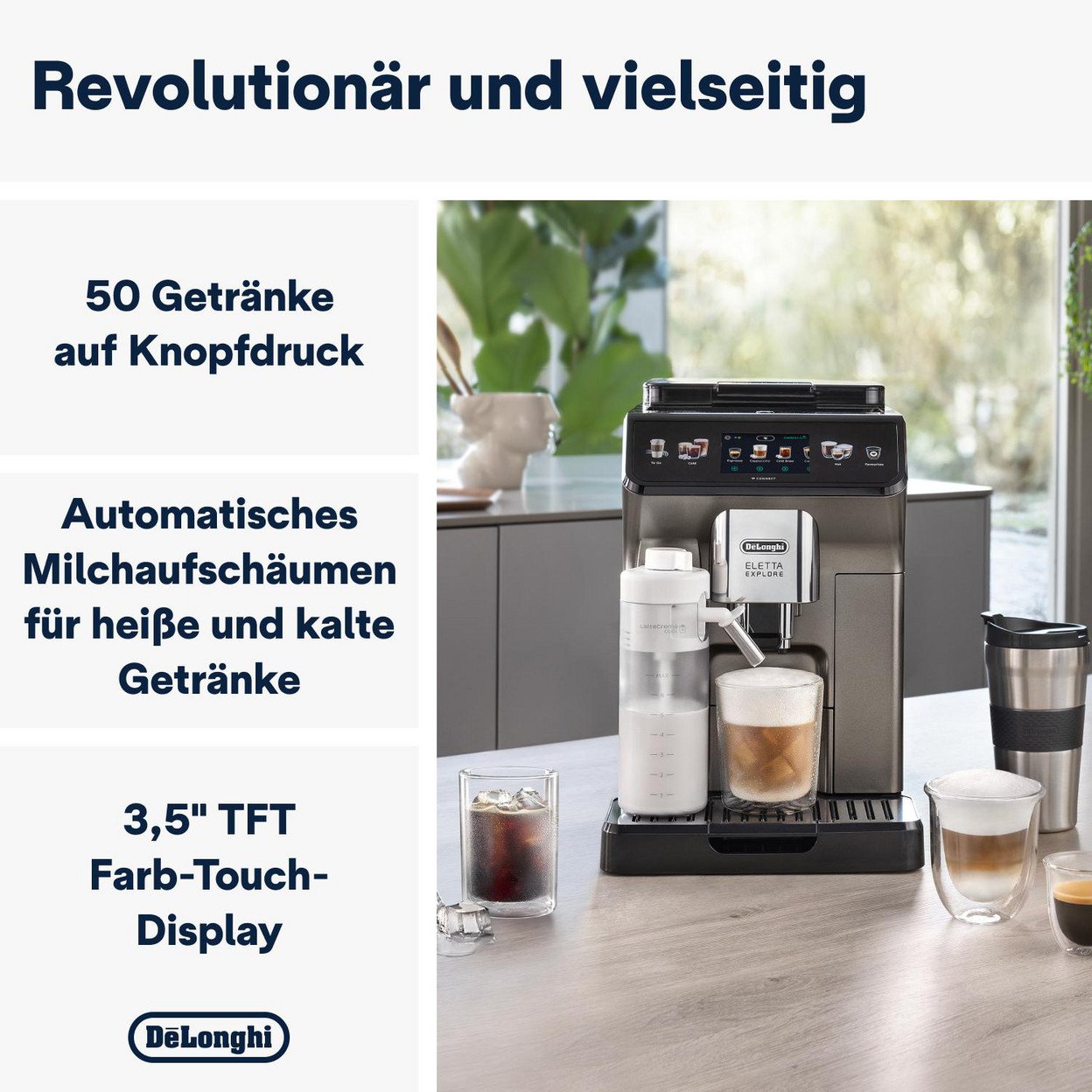 Kaffeemaschine mit Milchaufschäumer und Glas. Texte: 50 Getränke auf Knopfdruck. Automatisches Milchaufschäumen.