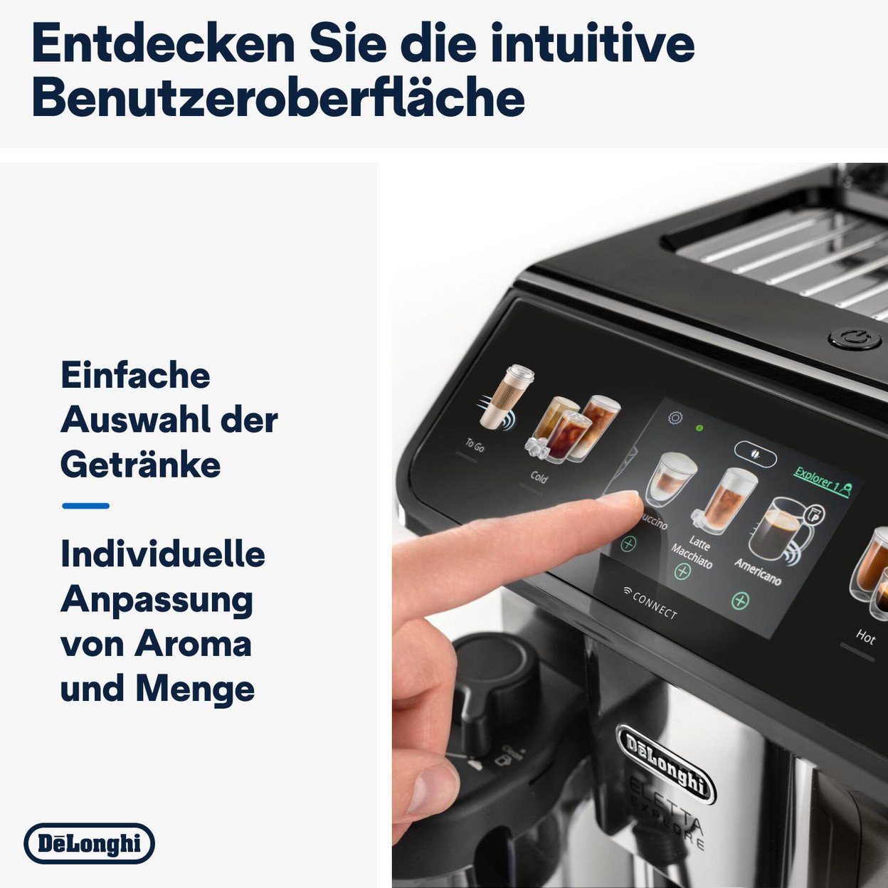Espressomaschine, Touchscreen mit Kaffeeoptionen. Eine Hand berührt den Bildschirm. Text hebt Getränkeauswahl hervor.