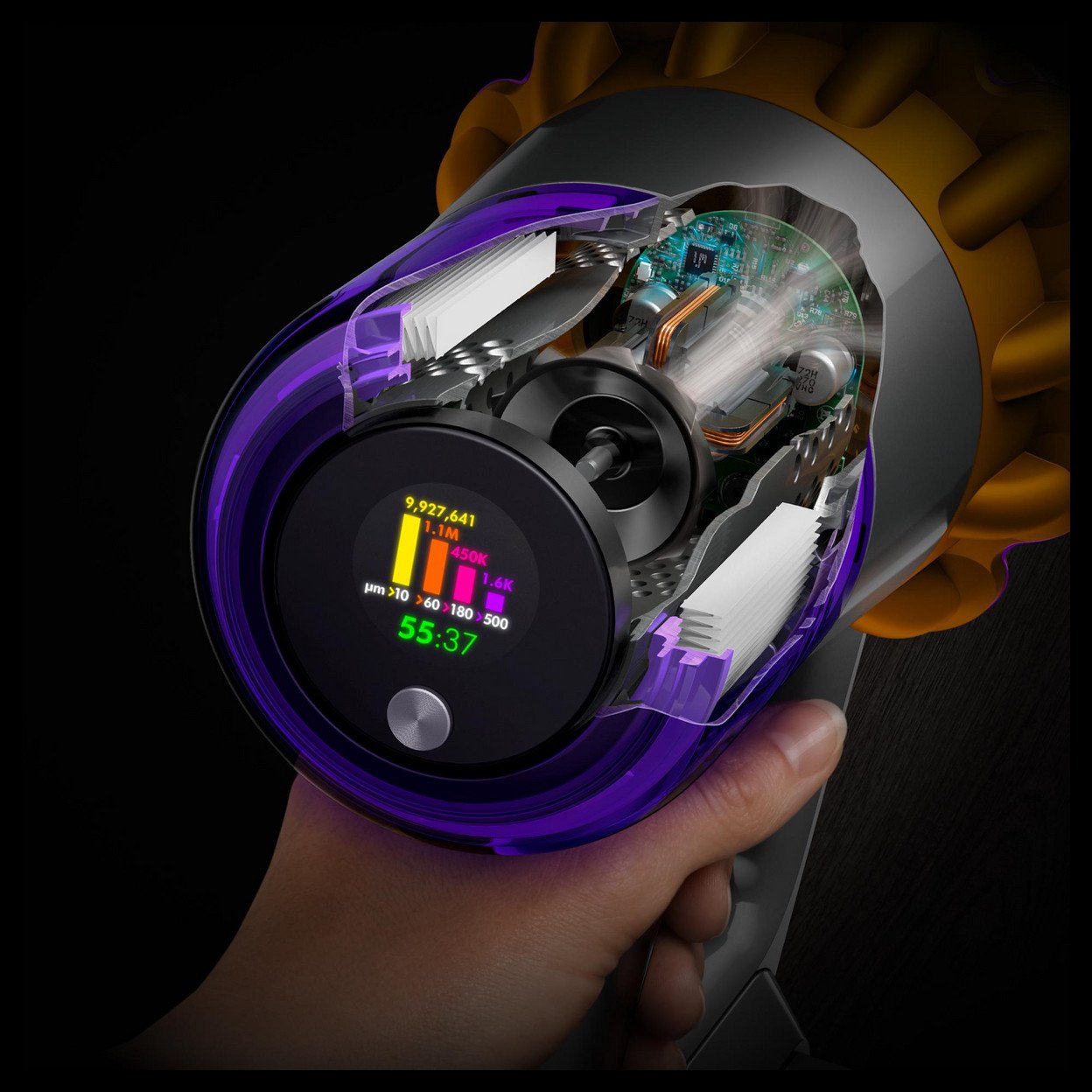 Schnittansicht eines Dyson Staubsaugers mit internen Komponenten und Digitalanzeige.