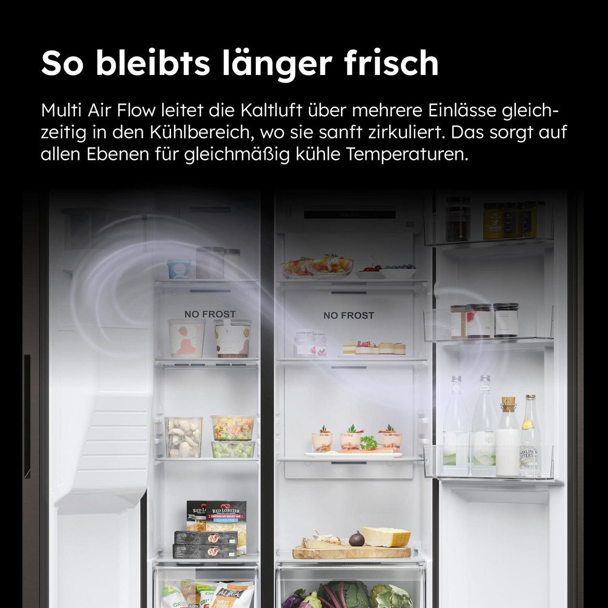 Kühlschrank offen, zwei Fächer mit Essen. Text und Luftstromlinien.