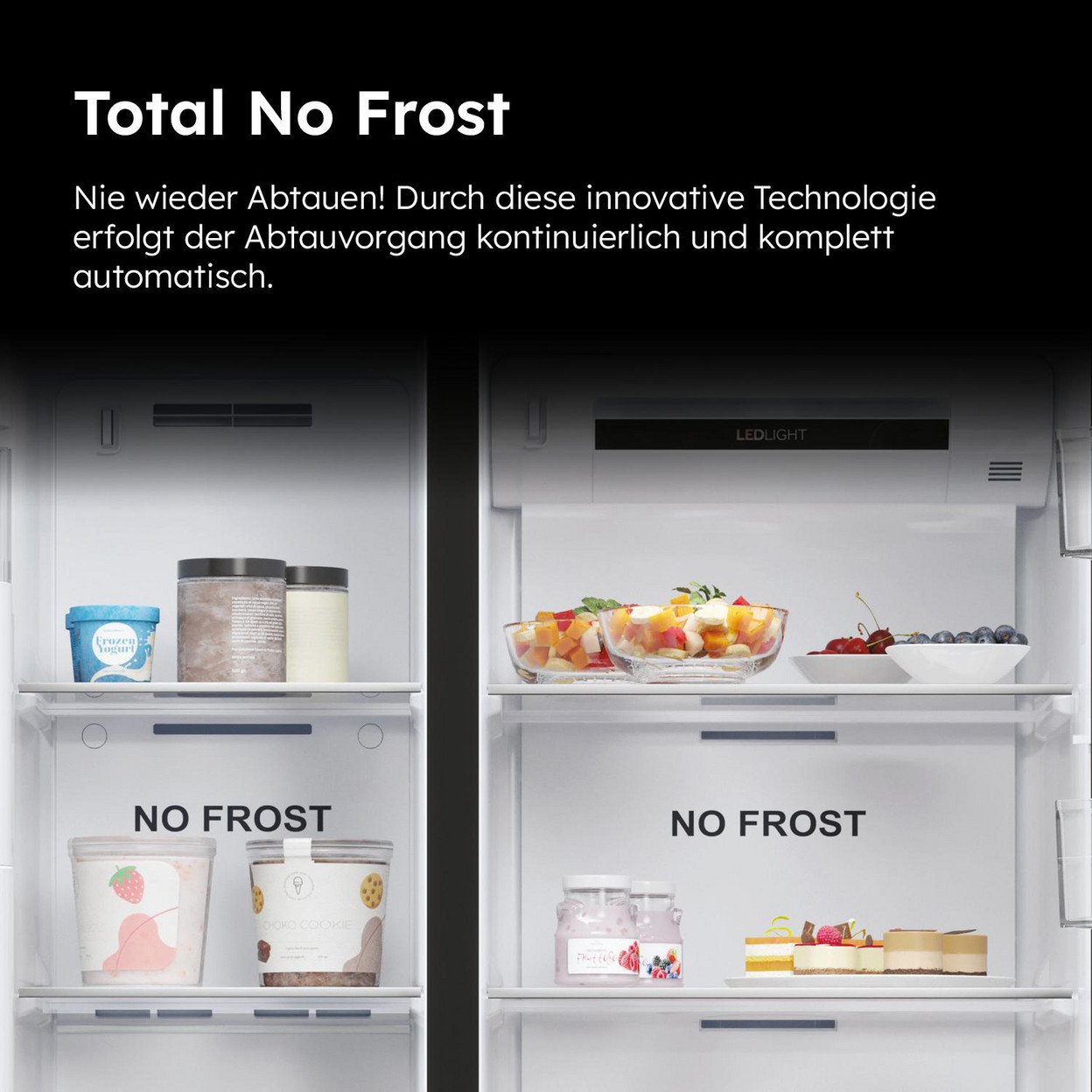 Kühlschrank offen, zwei Fächer mit Essen. Text und Lebensmittel.