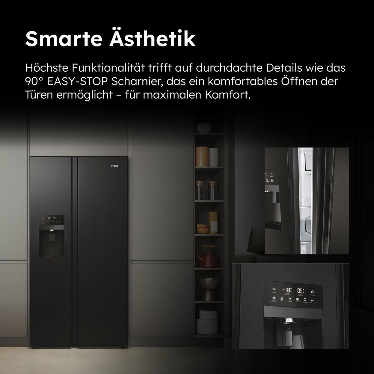 Schwarzer Kühlschrank mit Wasserspender, mit Text und inset-Bildern.