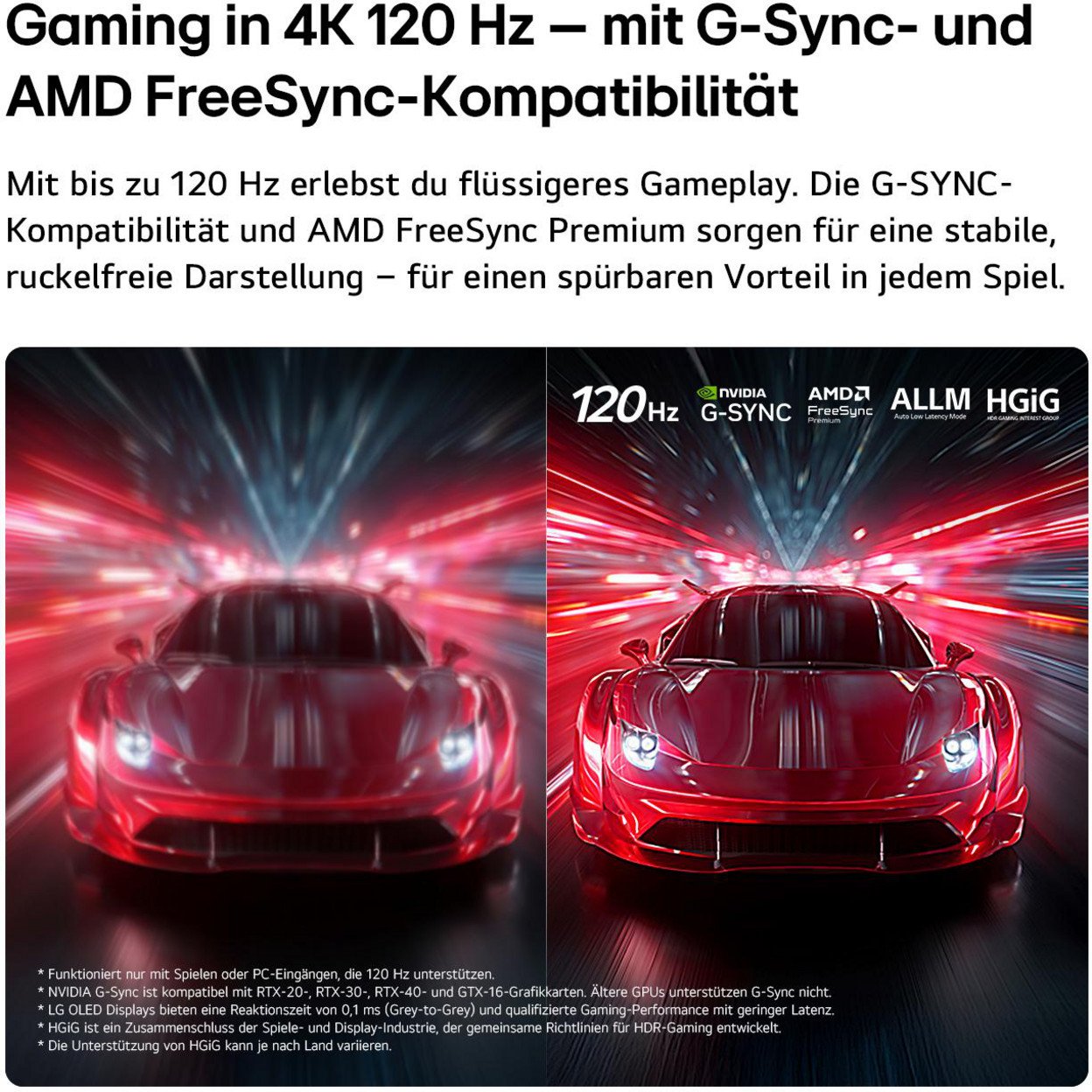 Zwei rote Sportwagen fahren auf einer leuchtenden Straße. Links und rechts Logos und 120Hz.