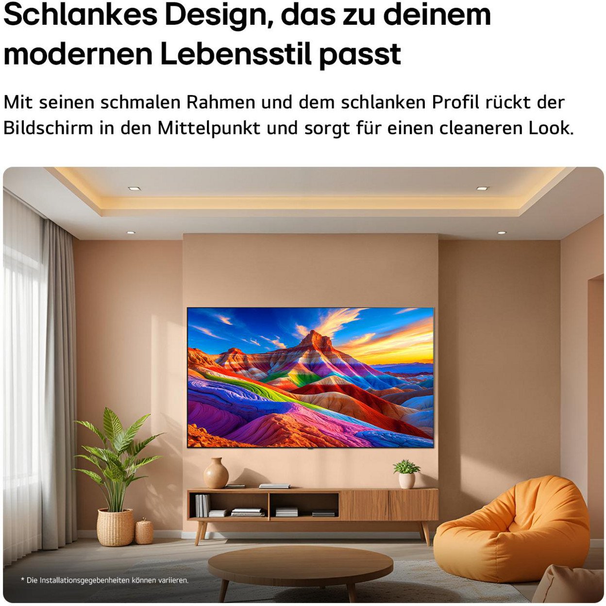 Ein Wohnzimmer mit einem schlanken Fernseher, der ein farbenfrohes Bild zeigt.