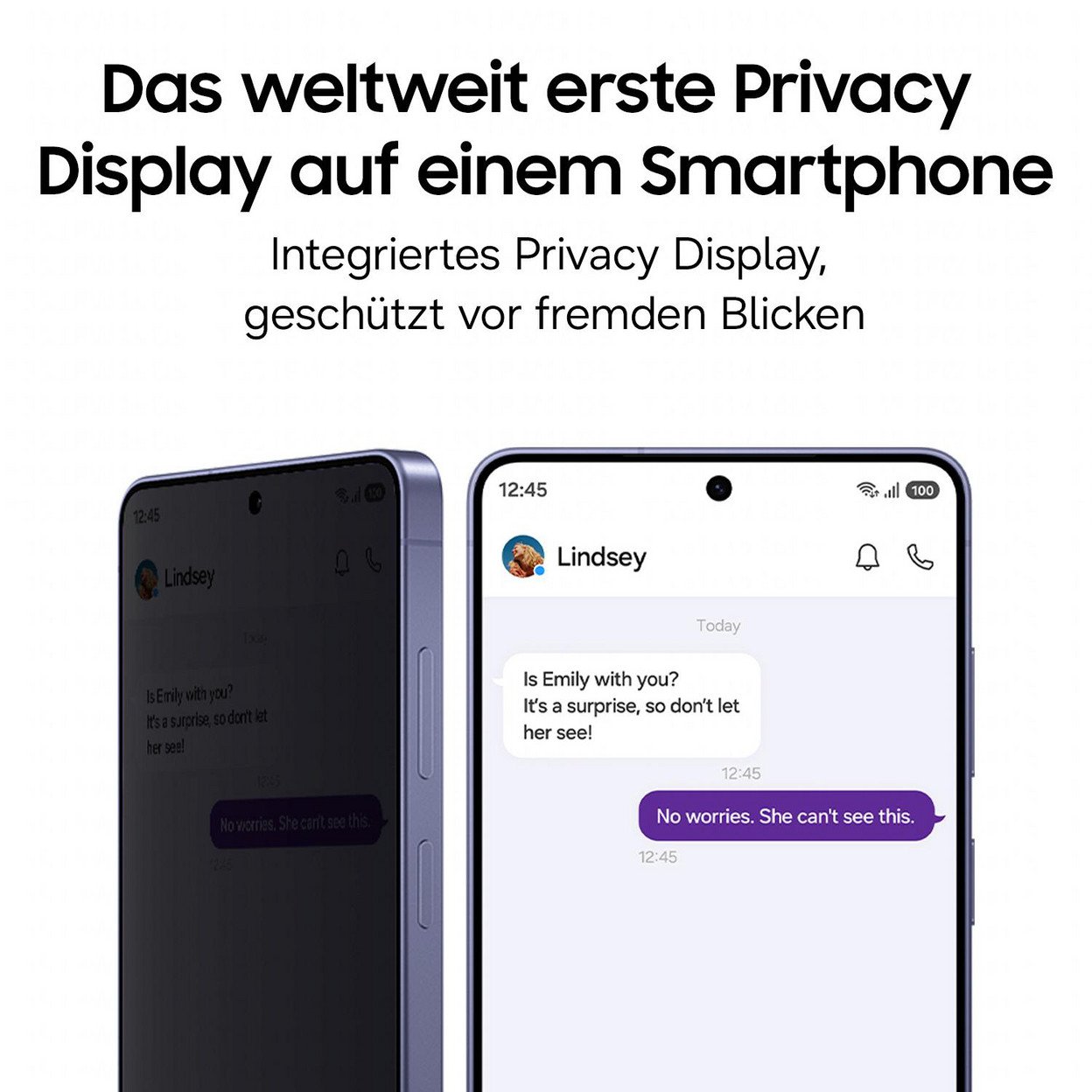 Ein Smartphone mit Privacy Display zeigt eine Chat-Nachricht, die nur der Nutzer sehen kann.