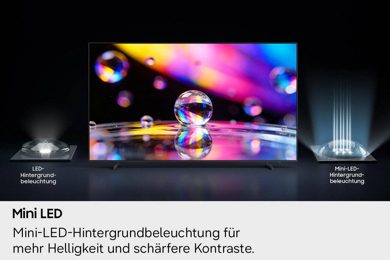 Ein Fernseher mit Mini-LED-Hintergrundbeleuchtung, die bunte Blasen zeigt.