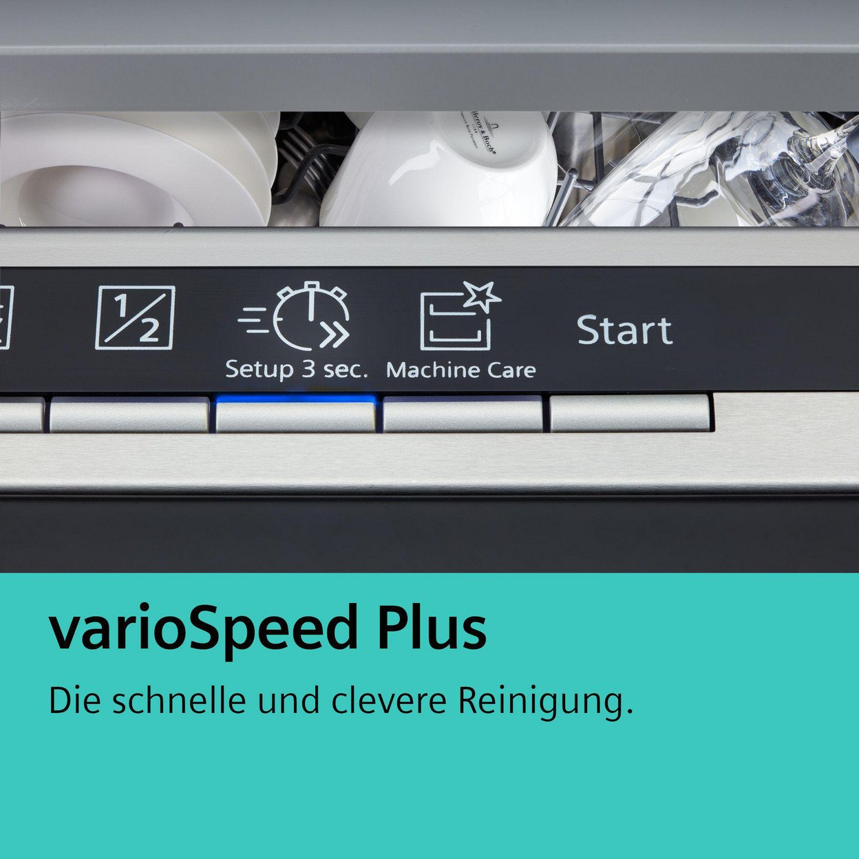 Nahaufnahme der Geschirrspüler-Bedienelemente mit Symbolen und Text, einschließlich 'varioSpeed Plus'.