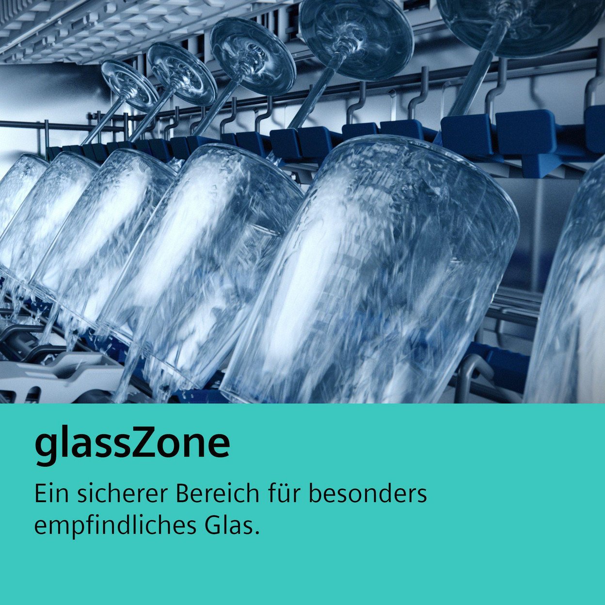 Nahaufnahme von Gläsern in einem Geschirrspüler. Der Text glassZone wird mit deutscher Übersetzung gezeigt.