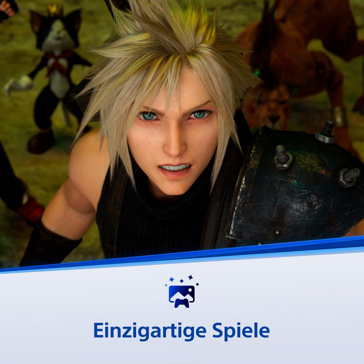 Nahaufnahme eines Mannes mit blondem, stacheligem Haar und türkisblauen Augen. Er trägt ein schwarzes Oberteil und eine Schulterplatte aus Metall.