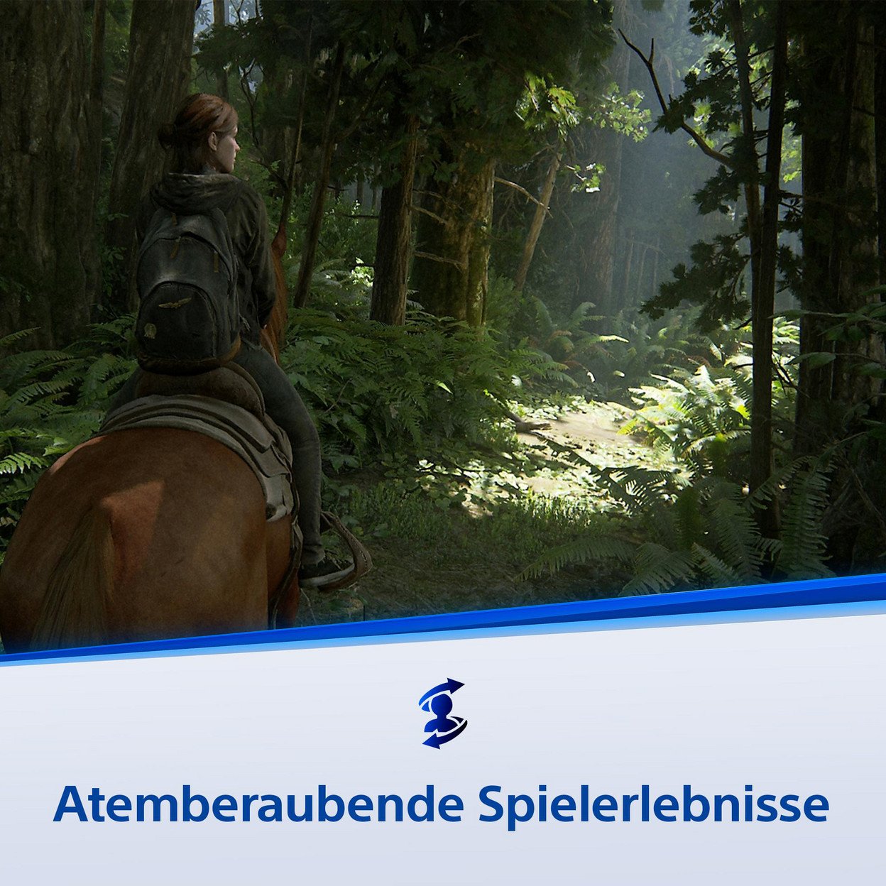 Eine Frau auf einem braunen Pferd reitet durch einen üppigen Wald. Sonnenlicht scheint durch die Bäume. Die Szene hat einen filmischen Charakter.